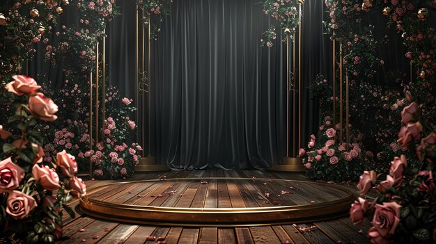 Foto podium de madera adornado con rosas rosas contra una cortina negra