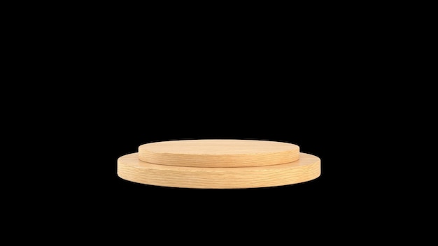 Podium de madera aislado en fondo negro renderizado en 3D