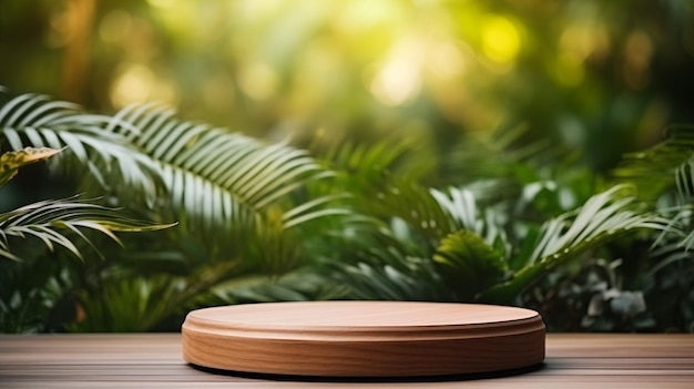 Podium de madera para la exhibición de productos cosméticos con fondo de naturaleza verde