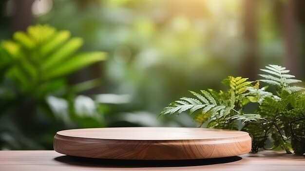 Podium de madera para la exhibición de productos cosméticos con fondo de naturaleza verde