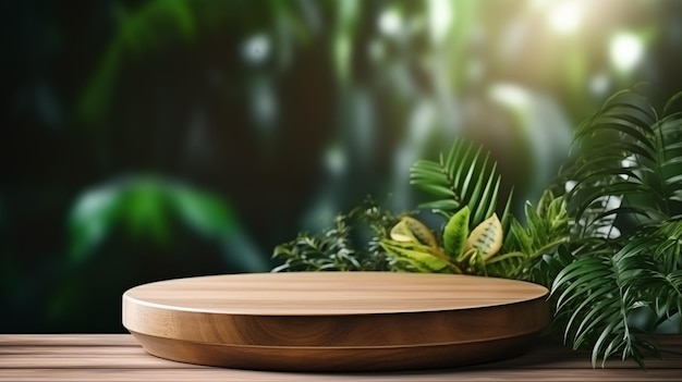 Podium de madera para la exhibición de productos cosméticos con fondo de naturaleza verde