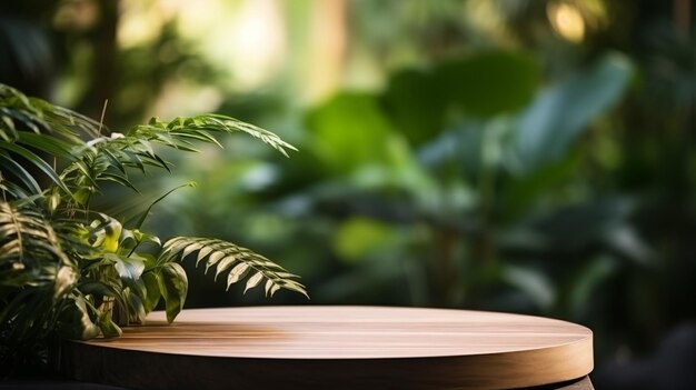 Podium de madera para la exhibición de productos cosméticos con fondo de naturaleza verde