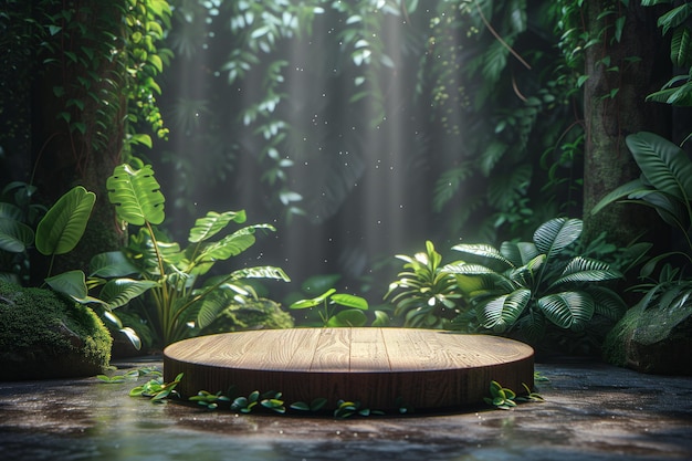 Podium de madera en el exterior verde bosque tropical de lluvia fondo de verano jungla concepto de paraíso