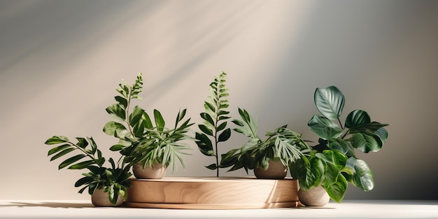 Podium de madera con hojas verdes de plantas domésticas en una mesa blanca con sombras Escena conceptual escenario vitrina para la promoción de nuevos productos venta pancarta presentación cosmética