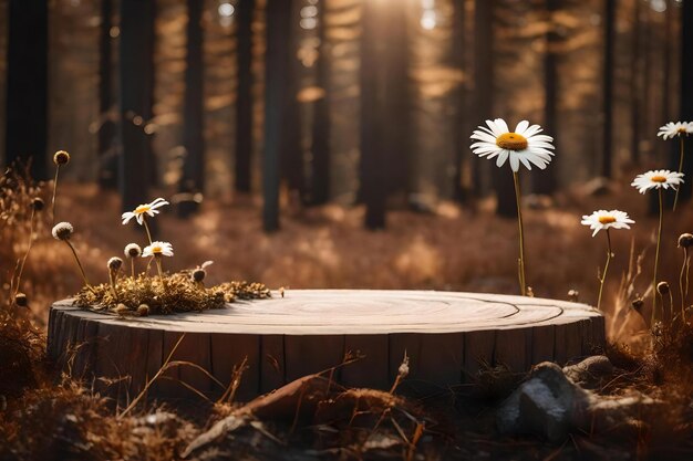 Podium de madera natural con flor de margarita en el bosque