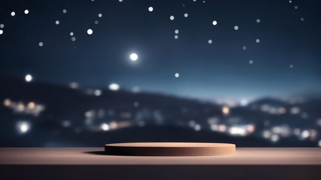 Podium de madera en la noche ciudad de fondo estrellado Mock up 3D Render