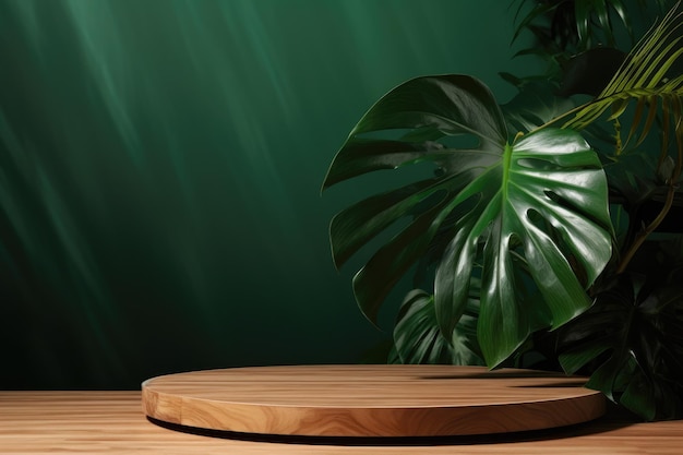 Podium de madera en pared verde con hojas tropicales