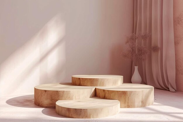 Podium de madera Plantas circulares de hojas naturales tropicales Colocación de productos de madera Pedestal presente
