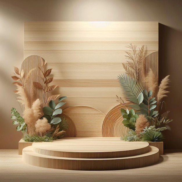 Podium de madera con plantas y pared de madera