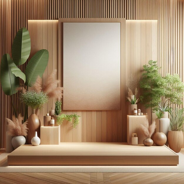 Foto podium de madera con plantas y pared de madera