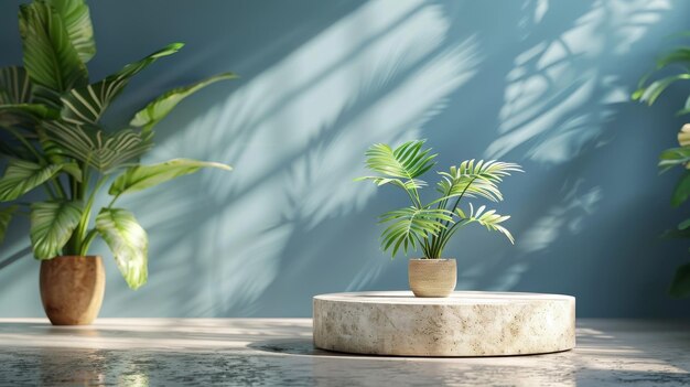 Podium de madera con plantas tropicales en la mesa