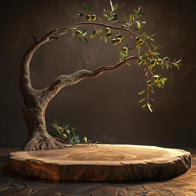 Podium de madera para la presentación de productos al estilo de un olivo y con aceitunas verdes