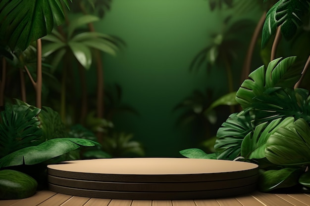 Foto podium de madera para la presentación de productos fondo tropical verde mockup