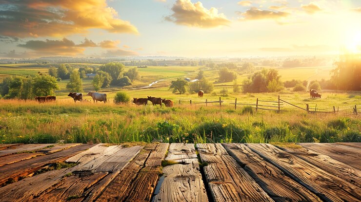 Podium de madera en una puesta de sol con una valla y vacas en el fondo para la exhibición de modelos de productos