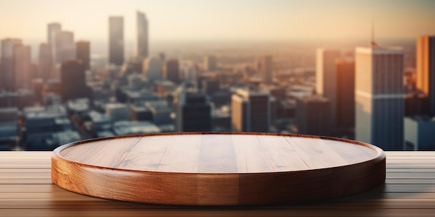 Podium de madera redondo vacío en una mesa de madera en un restaurante frente a la ventana con el paisaje de la ciudad Vitrina escénica para la promoción de sus productos, venta o publicidad