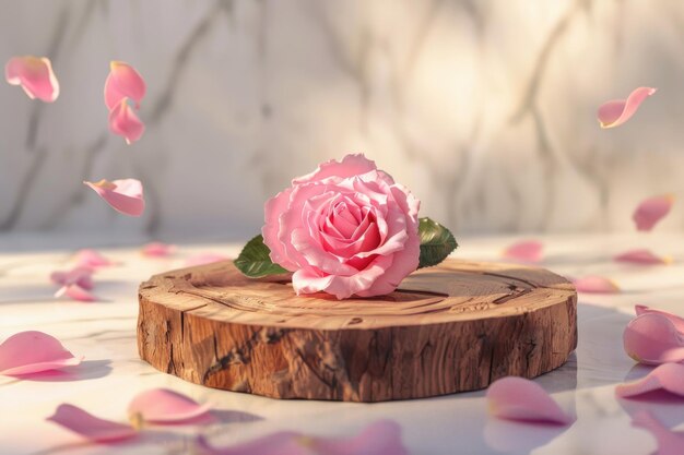 Podium de madera con rosa rosa para exhibir productos y regalos