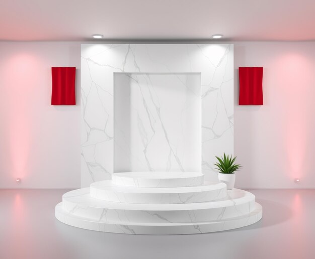 Podium de mármol blanco con planta en una habitación minimalista