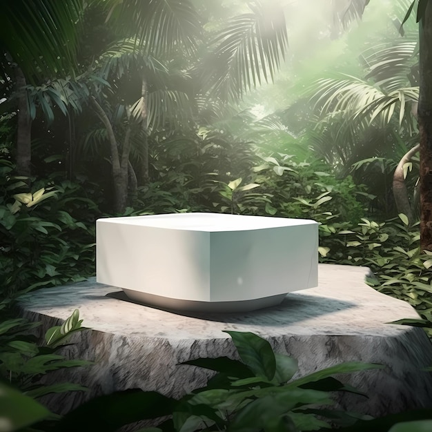 Foto podium de mármol en el bosque tropical para la presentación de productos y hojas verdes