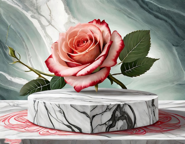 Podium de mármol para la colocación de productos decorado con rosas
