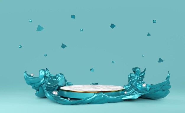 pódium de mármol vacío y bola con formas geométricas en composición azul para exhibición en el escenario moderno y maqueta minimalista fondo de vitrina abstracto Ilustración conceptual en 3D o renderización en 3D