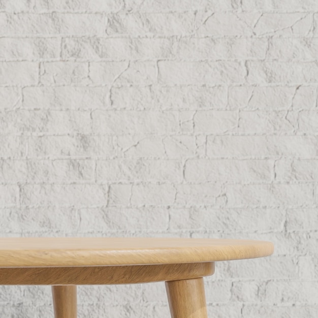 Foto podium de mesa de madera para la presentación de productos en un fondo de pared de ladrillo blanco de estilo minimalista