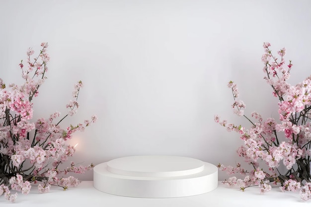 Foto podium minimalista blanco decorado con flores de cerezo