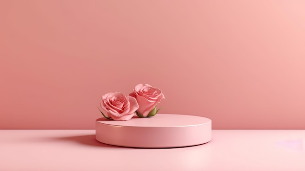 Podium mínimo rosa limpio para la presentación del producto con hermosas rosas frescas en el fondo colores suaves Generativo Ai