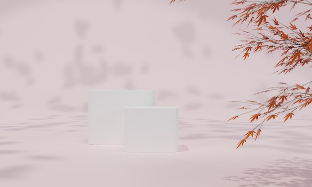 Podium mit buntem pastellfarbenem Hintergrund und Baum- oder Blattständer auf Werbeanzeige 3D-Rendering