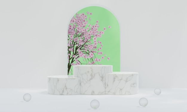 Podium mit buntem pastellfarbenem Hintergrund und Baum- oder Blattständer auf Werbeanzeige 3D-Rendering