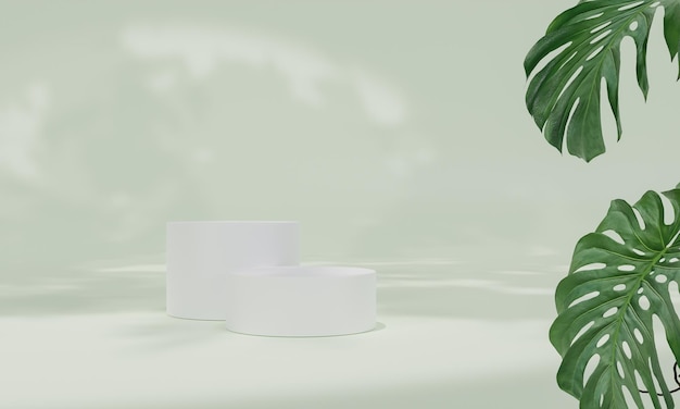 Podium mit buntem pastellfarbenem Hintergrund und Baum- oder Blattständer auf Werbeanzeige 3D-Rendering