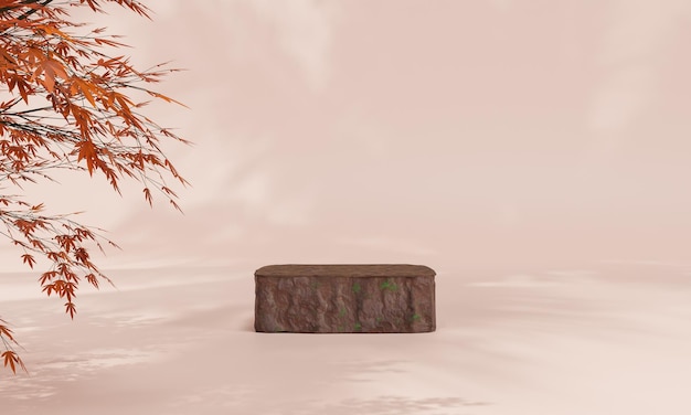 Podium mit buntem pastellfarbenem Hintergrund und Baum- oder Blattständer oder Podiumssockel auf Werbedisplay mit leeren Hintergründen 3D-Rendering