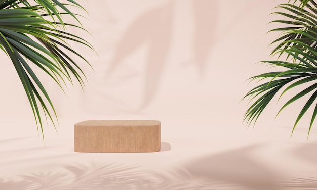 Podium mit buntem pastellfarbenem Hintergrund und Baum- oder Blattständer oder Podiumssockel auf Werbedisplay mit leeren Hintergründen 3D-Rendering