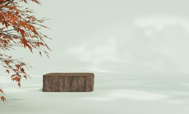 Podium mit buntem pastellfarbenem Hintergrund und Baum- oder Blattständer oder Podiumssockel auf Werbedisplay mit leeren Hintergründen 3D-Rendering