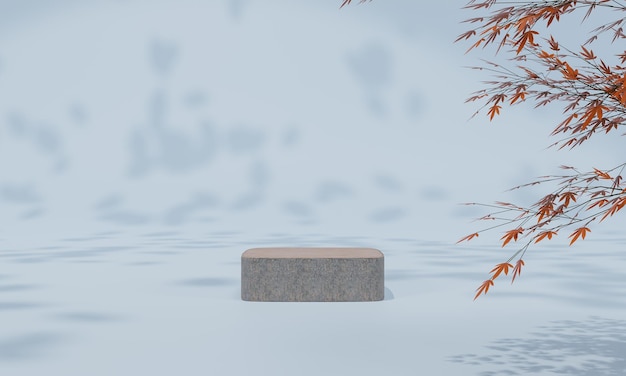 Podium mit buntem pastellfarbenem Hintergrund und Baum- oder Blattständer oder Podiumssockel auf Werbedisplay mit leeren Hintergründen 3D-Rendering