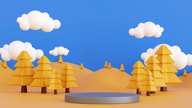 Podium mit Cartoon Herbst ländliche Landschaft Wiese und Berg mit blauem Himmel und Wolken 3D-Rendering