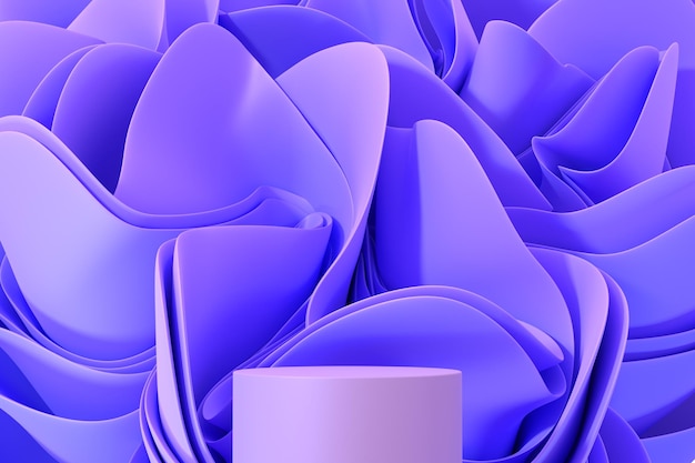 Podium mit floralem, geschichtetem Hintergrund, 3D-Rendering. Abstrakte geometrische Bühne, leere Plattform mit violettem, welligem Stoff, gefaltet in Form einer Blume, zur Anzeige von Kosmetikprodukt-Mockup-Bannern