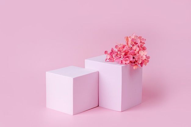 Podium mit geometrischen Formen für die Produktpräsentation. Monochrome Plattform mit Blumen auf rosa Hintergrund