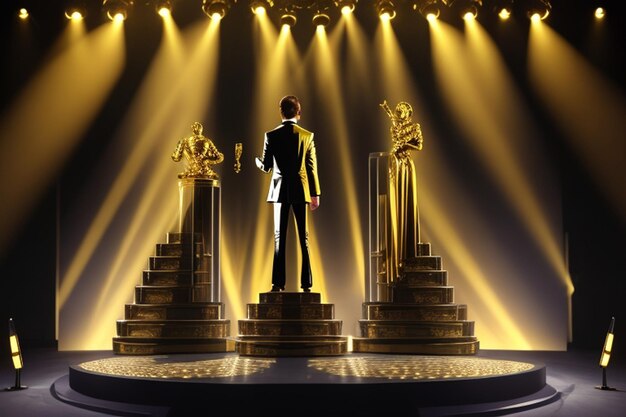 Foto podium mit goldenen lichtlampen im hintergrund