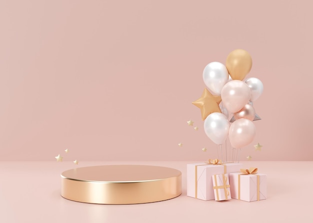 Podium mit Luftballons und Geschenken auf rosa Hintergrund Frauentag Muttertag Hochzeitstag Valentinstag Geburtstag Plattform für kosmetische Produktpräsentation Mock-up 3D-Rendering