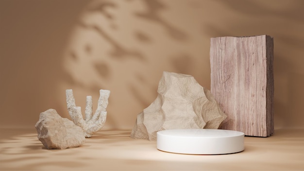 Podium mit Steinen, Holz und Korallen Podium zur Produktdemonstration Entwurfsvorlage