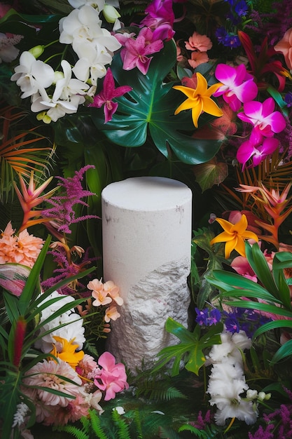 Podium mit tropischen Blumen und Palmblättern