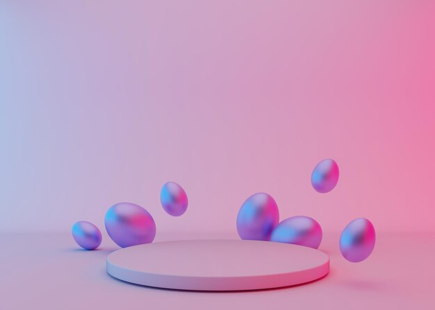 Podium mit violetten Ostereiern auf pinkfarbenem Hintergrund Neonfarben und -lichter Modernes Podium für die Präsentation kosmetischer Produkte Ostermodell Sockel oder Plattform für Schönheitsprodukte 3D-Rendering