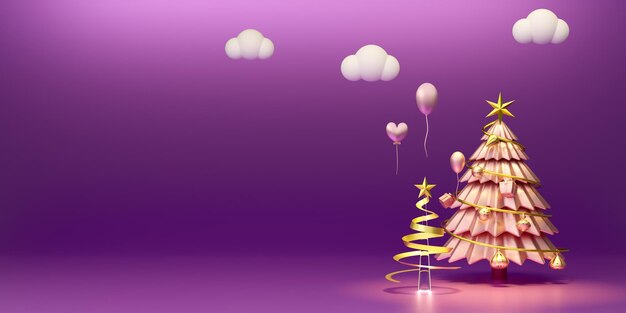 Podium mit Weihnachtsbaum und Ornamenten in lila oder violettfarbener Zusammensetzung für moderne Bühnenvorstellung und minimalistisches Mockup Konzept Weihnachten und ein festliches Neujahr 3D-Illustration oder 3D-Rendering