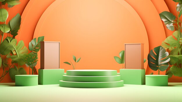 Foto podium naranja 3d con hojas y flores en el fondo de la pared naranja