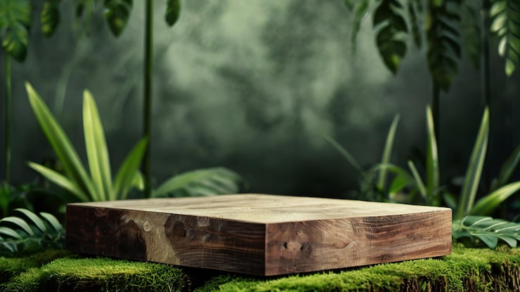 Foto podium natural de madera y follaje de plantas verdes