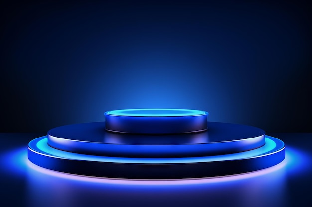 Podium Neon azul fundo abstrato pedestal futurista para apresentação de produto Exibir ilustração 3D moderna IA geradora