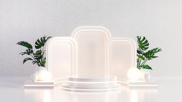 Podium Neon Glow Display Weiß Produktpräsentation Natur 3d Render Realistic