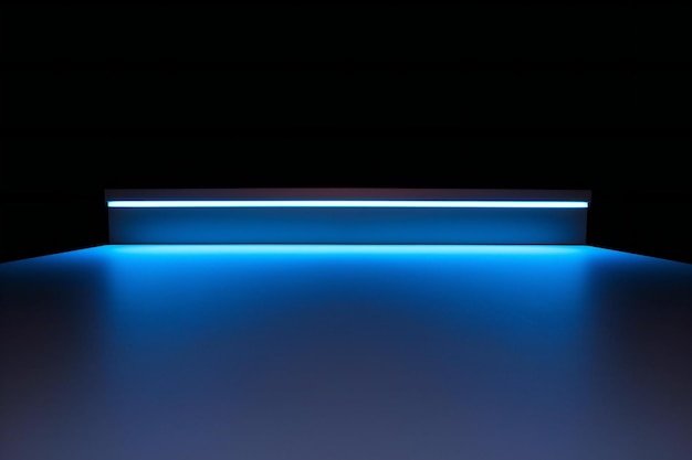 Podium de neón iluminado con luz azul sobre un fondo negro