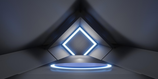 Podium neon technologie tunnelkorridor neonlichtkanal laserlichttunnel 3d illustration