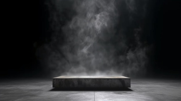 Podium o mesa de plataforma de hormigón de textura gris con humo en la oscuridad